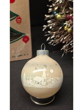 Vintage Shiny Brite Church Scene Stenciled Christmas Ornament White Blue Ombre